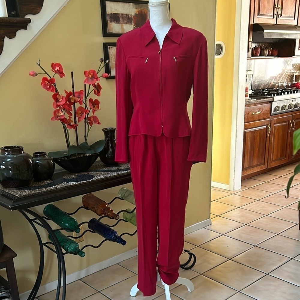 Vtg Y2K Allison Taylor NWOT Holiday 100% Silk Red Pant Suit Set Size Medium - Picture 2 of 16
